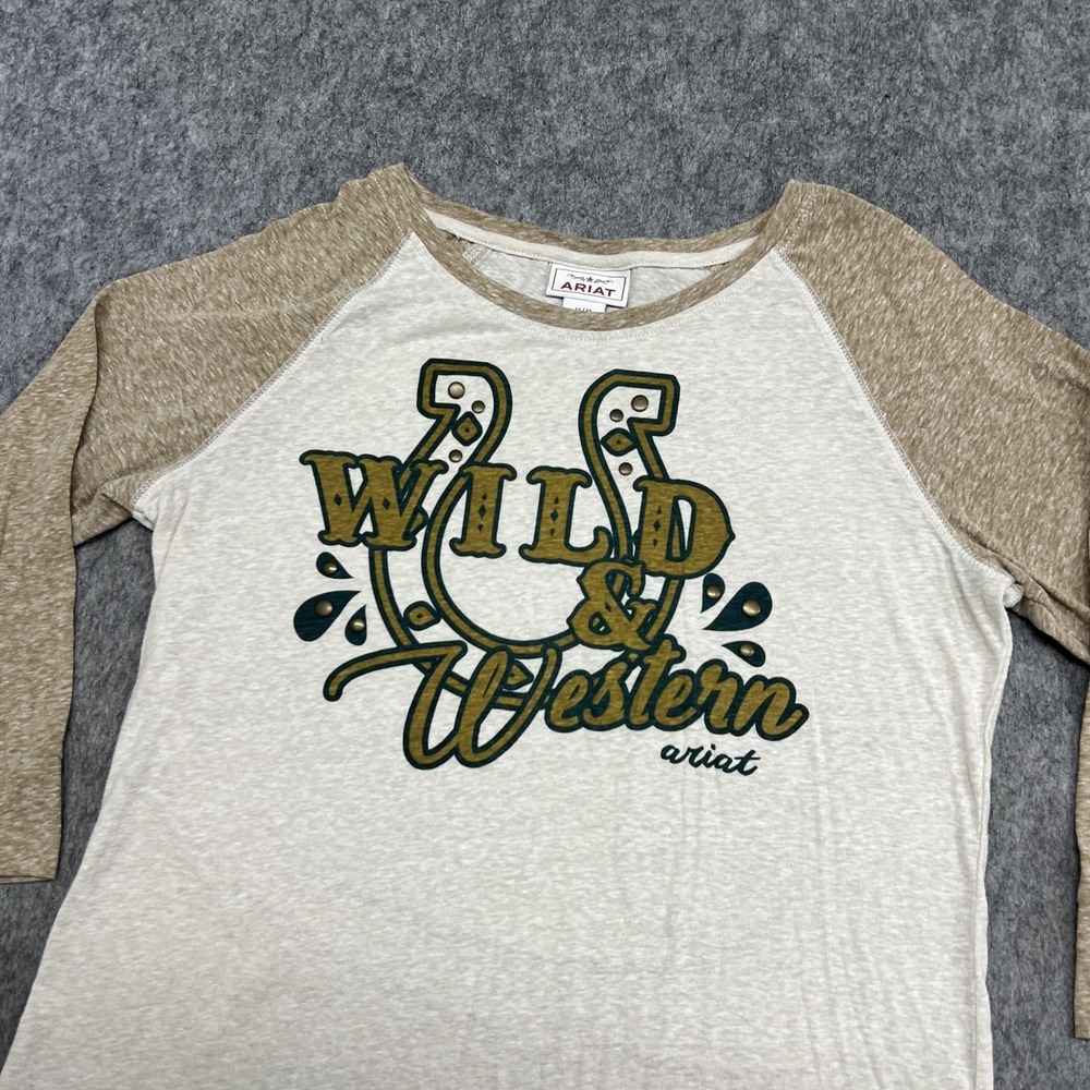 Ariat Shirt Womens M Beige Wild & Western 3/4 Sleeve Raglan Graphic Tee Top - Picture 6 of 16